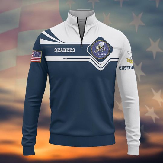 Customized Navy Seabees Veteran Shirts Zip Neck Sweaters
