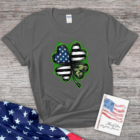Thin Camo Line Flag St. Patrick's Day Clover T-Shirt