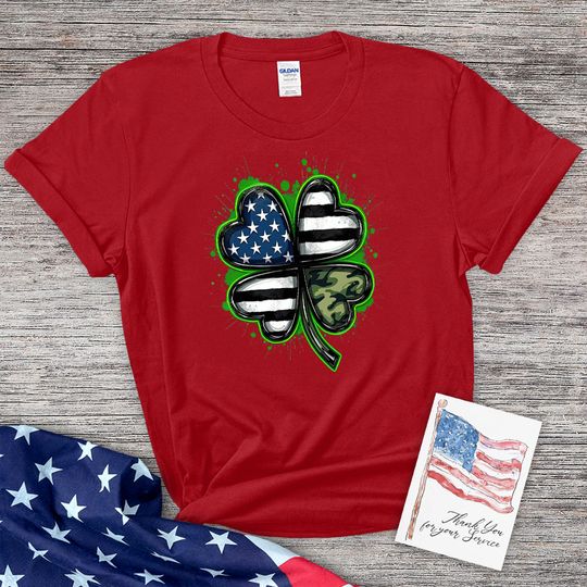 Thin Camo Line Flag St. Patrick's Day Clover T-Shirt