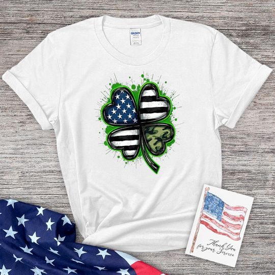 Thin Camo Line Flag St. Patrick's Day Clover T-Shirt