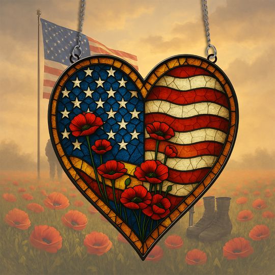 American Flag with Poppies Heart Hanging suncatcher ornaments