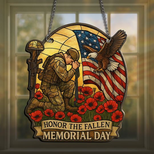 Honor the Fallen – Soldier & Flag Memorial Hanging suncatcher ornaments