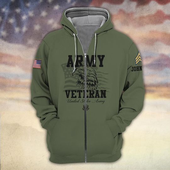 Customized US Veteran Proudly Served 3D Zip Hoodie