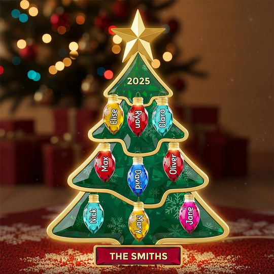 Christmas Tree Family Light Box - Personalized Gifts For Family Custom Shape Acrylic Light Box