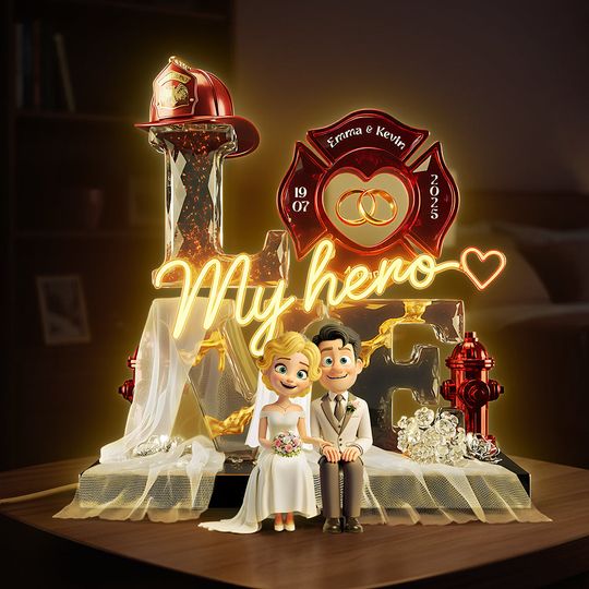 Firefighter Wedding Couple Acrylic Light Box - Personalized Gift For Couples