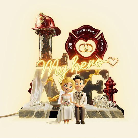 Firefighter Wedding Couple Acrylic Light Box - Personalized Gift For Couples