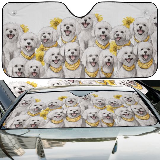 Bichon Frise Dogs Happy Team Dogs Sunflowers Car Windshield Sun Shade