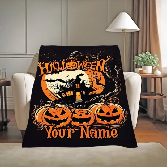 Discover Personalized Halloween Blanket Custom Name – Ghost Pumpkin Skeleton Fleece Throw
