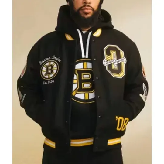 Discover Boston Bruins The Original Six Varsity Black Full-Snap Wool Letterman Jacket