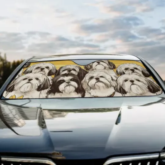Shih Tzu Happy Team Dogs Sunflowers Car Sun Shade
