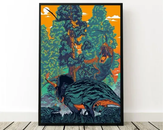 Discover Dinosaur World Trike vs T-Rex Movie Poster Prehistoric Art