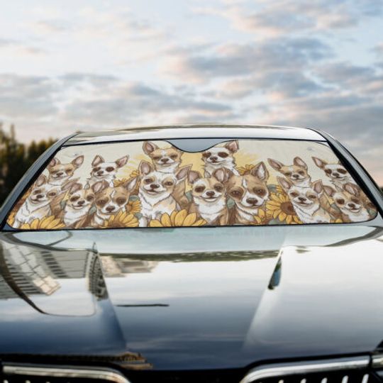 Chihuahua Dogs Happy Team Dogs Sunflowers Car Windshield Sun Shade