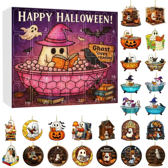 Discover 2D Ghost Reading Ornaments Halloween Advent Calendar, Christmas Tree Decorations