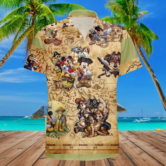Mickey And Cartoon Friends Pirates Treasure Hunting Hawaiian Shirt