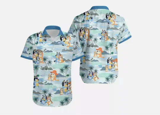 BlueyDad Summer Family Hawaiian Shirt, BlueyDad and Bingo Beach Hawaiian