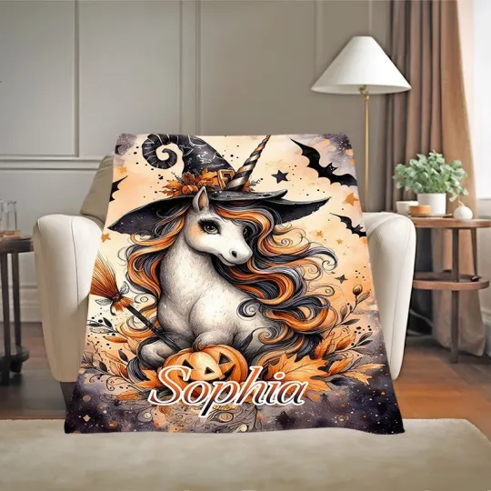 Discover Halloween Unicorn Blanket Custom Name, Personalized Pumpkin Witch Throw Gift