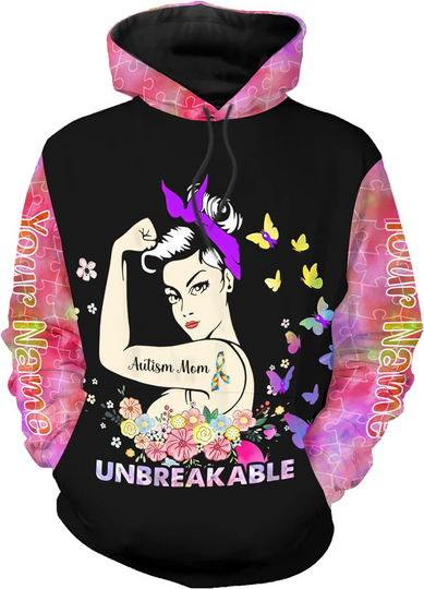 Personalized Autism Awarenss Autism Mom Unbreakable Sunflower Gift Unisex 3D Hoodie