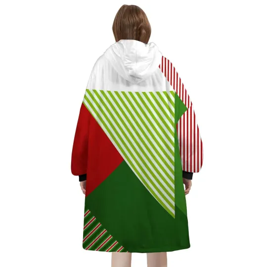 Discover Personalized Blanket Hoodie, Red Green Striped Christmas Color Block Oversized