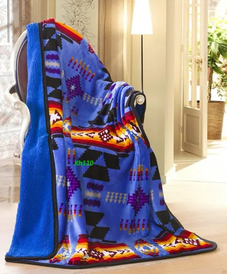 Discover Navajo Print Royal Blue Throw Blanket with Sherpa Native American Southwestern Design