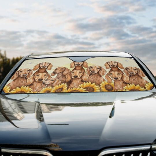 Dachshund Dogs Happy Team Dogs Sunflowers Car Windshield Sun Shade