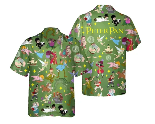 Disney Retro Peter Pan Tinker Bell Captain Hook Smee Nana Dog Hawaiian Shirt, Disney Aloha Shirt, Summer Short Sleeve Shirt, Travel and Vacation Casual Wear, Gift for Fans, Summer Men Clothing For Men, Women and Kids