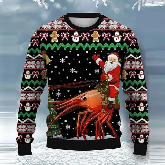 Discover Santa Riding Squid Ugly Christmas Sweater Funny Black Holiday Pullover Party