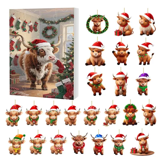 Discover 2025 Highland Cow Advent Calendars, 2D Flat Acrylic Highland Cow 24 Days Pendant