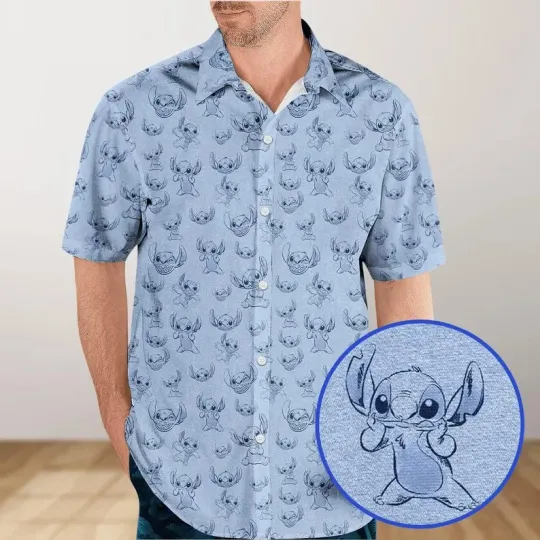 Discover Disney Lilo And Stitch Cute Stitch Smiling Blue Hawaiian Shirt