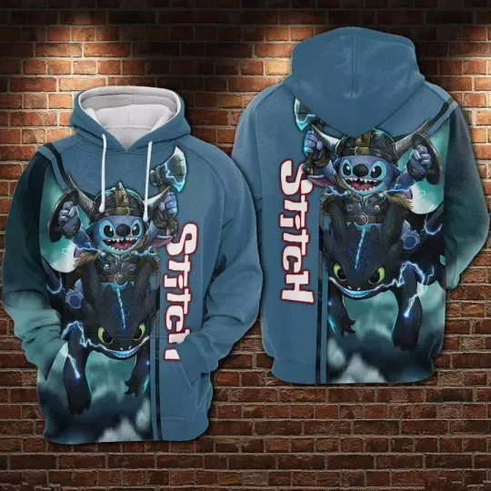 Stitch Riding On Toothless Matching Friends Halloween Xmas Disney 3D Hoodie
