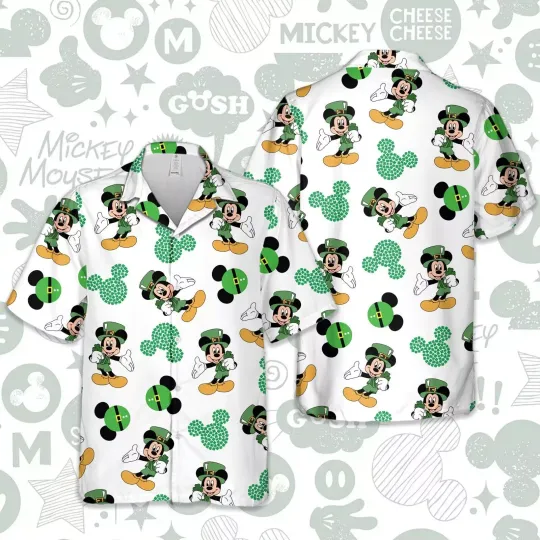 Disney Mickey Mouse Saint Patrick's Day Funny Steamboat Willie Hawaiian Shirt, Woven Polyester Fabric Shirt, Summer Short Sleeve Button Down Shirts For Men, Women