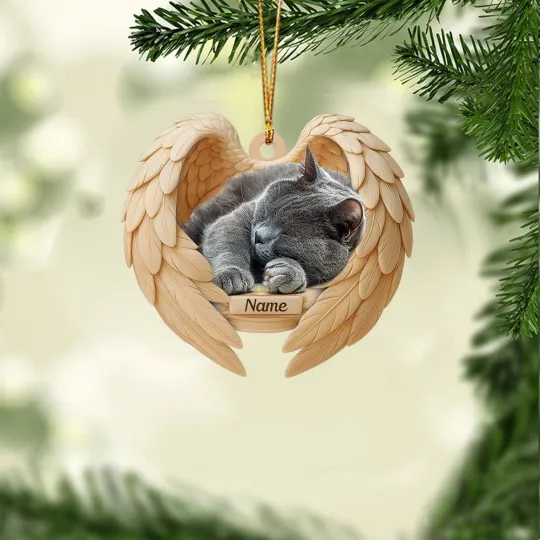 Discover Personalized Sleeping Gray Cat Christmas Ornament, Cat Angel Wings