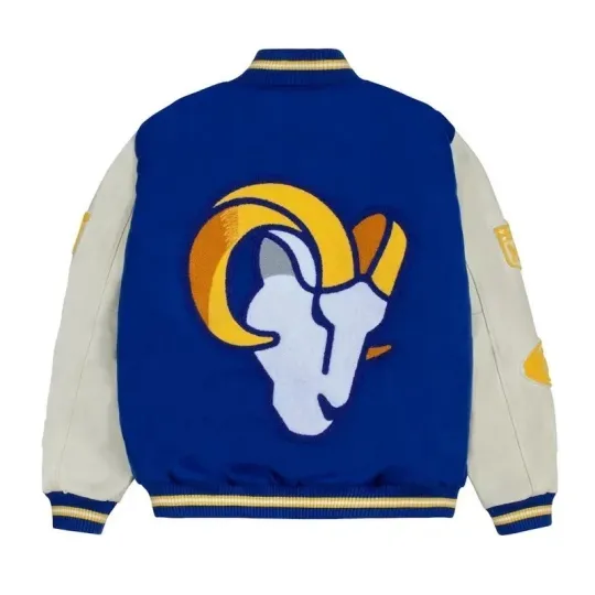 Discover Men's LA Rams Blue and White Varsity Baseball Jacket
