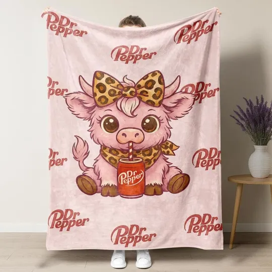 Discover Highland Cow Dr Pepper Fleece Blanket, Gift for Kid