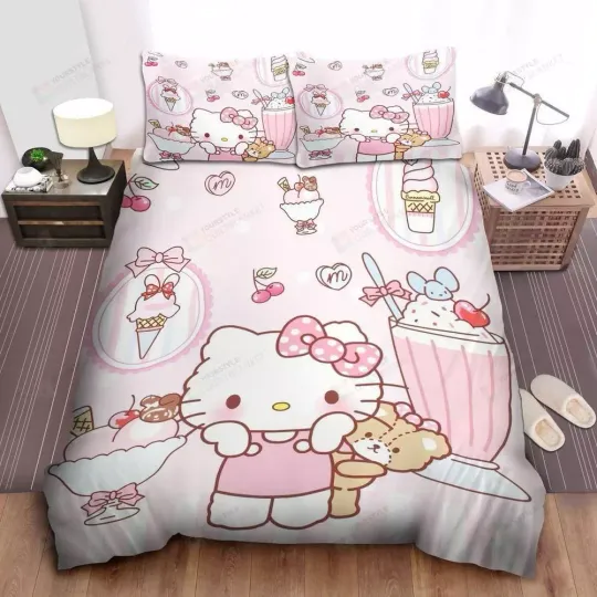 Hello Kitty And Cherry Ice Cream Quilt Duvet Cover Set Queen Home Textiles