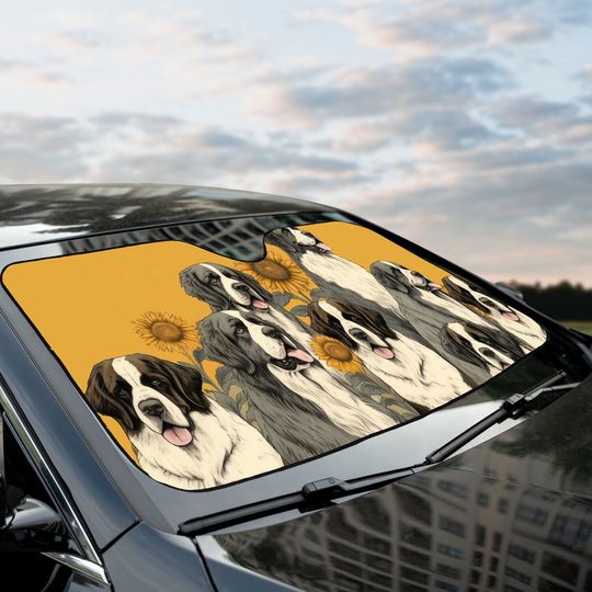 Saint Bernard Happy Team Dogs Sunflowers Car Windshield Sun Shade