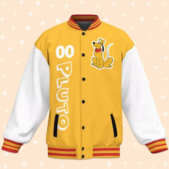 Custom Pluto Yellow Varsity Jacket, Adult Baseball Jacket, Personalized Disney Baseball
