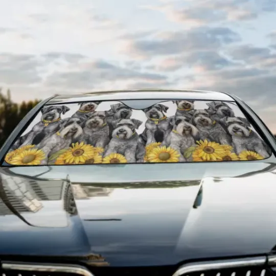 Standard Schnauzer Happy Team Dogs Sunflowers Car Sun Shade