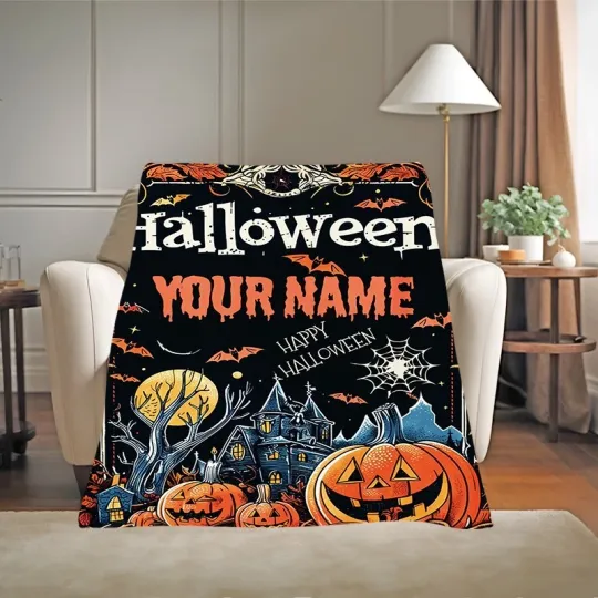 Discover Personalized Halloween Blanket with Name,  Spooky Pumpkin Ghost Bat Print