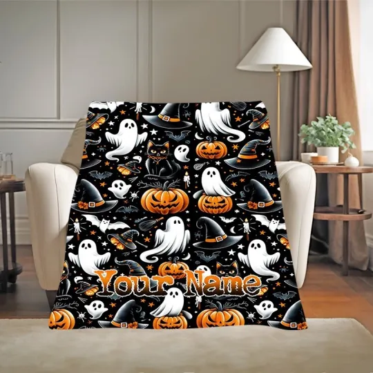 Discover Personalized Halloween Blanket, Custom Name Throw with Pumpkin, Ghost &amp