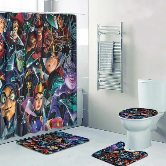 Discover Disney Villains Cracked Glass Print Shower Curtain Bath Mat Toilet Lid Cover Mat