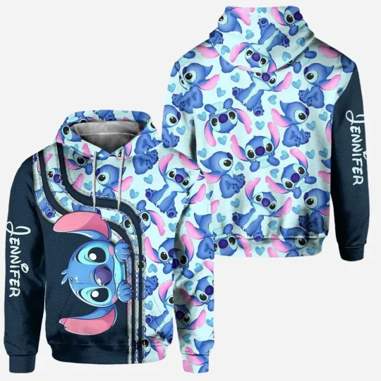Discover Personalized Cute Stitch Cartoon Blue Alien Dog Lilo & Stitch Hoodie 3D Printed