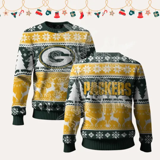 Discover 2025 Christmas Pac.kers Reindeer Football Ugly Sweater