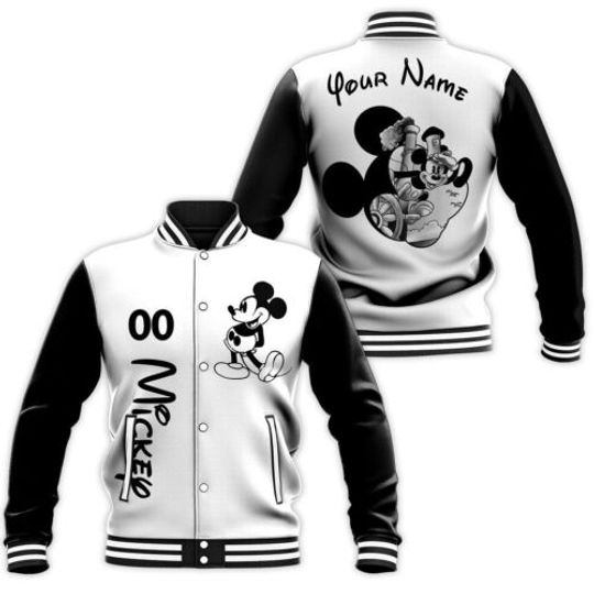 Personalized Mickey On Train Mickey Mouse Head Black and White Baseball Jacket