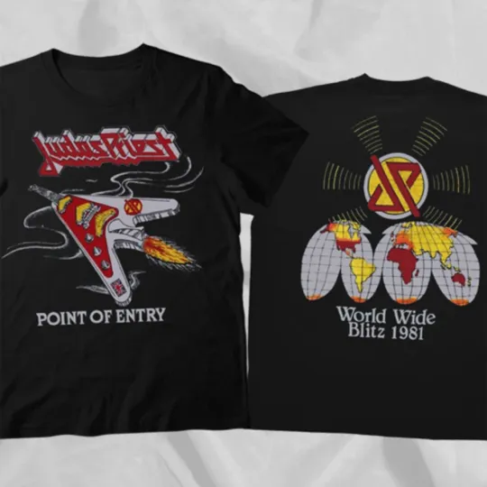 Discover JUDAS PRIEST 1981 World Wide Blitzz Tour Black Double Sided T-Shirt