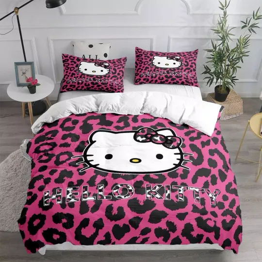 Cartoon Hello Kitty Leopard Print Quilt Duvet Cover Set Kids Queen Children