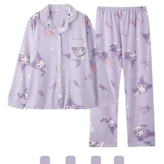 Cartoon Kuromi Women Long Sleeved Pure Cotton Pajamas Nightshirt Sleepwear Set-