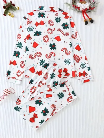 Discover Red Bow Candy Cane Comfy Long Sleeve Pajama Set 3D All Over Print