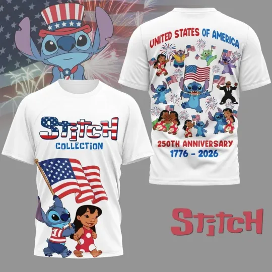 Discover Stitch Collection Lilo And Stitch America 250th Anniversary Tshirt 3D Printed