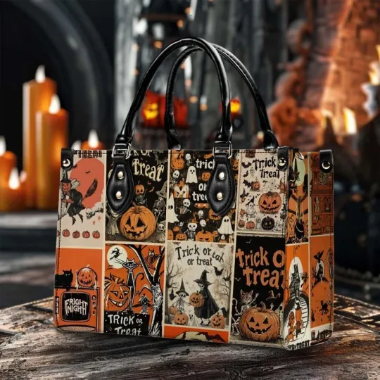 Discover Halloween Print 3D Effect Leather Handbag With Handle
