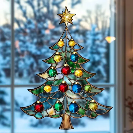 Discover Christmas Tree Suncatcher, Stained Glass Style Acrylic Window Hanging Ornament